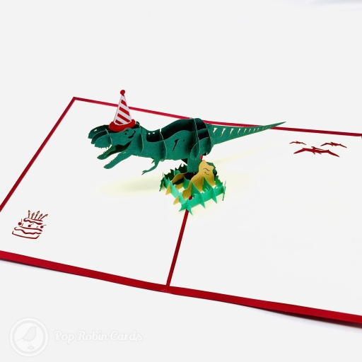 T-Rex Dinosaur With Party Hat 3D Pop Up Funny Birthday Card