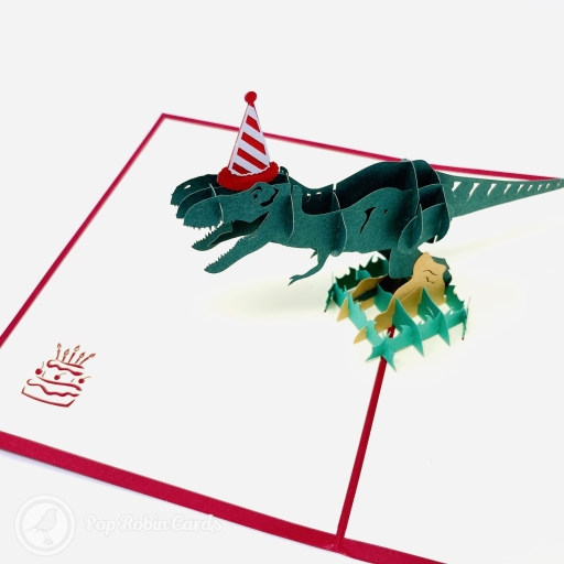 T-Rex Dinosaur With Party Hat 3D Pop Up Funny Birthday Card
