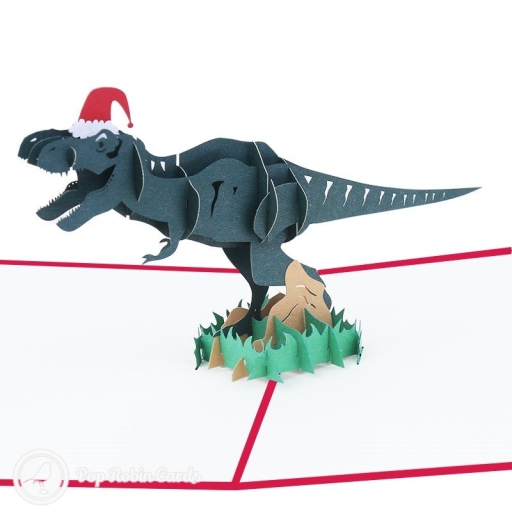 T-Rex Dinosaur With Christmas Hat Handmade 3D Pop-Up Funny Christmas Card