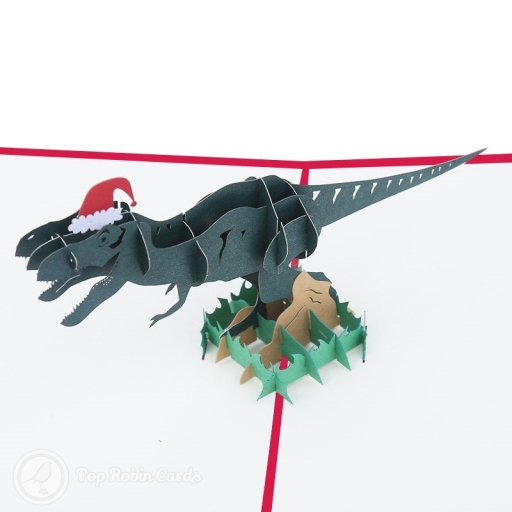 T-Rex Dinosaur With Christmas Hat Handmade 3D Pop-Up Funny Christmas Card