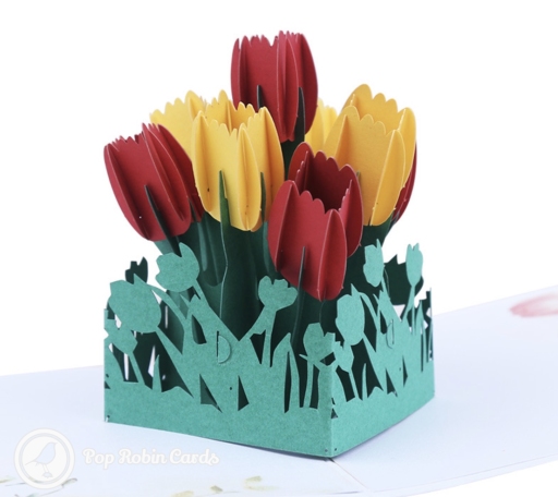 Pop-up bunch of red and yellow tulips in a green cut-out border, with watercolour tulips painted on the pages