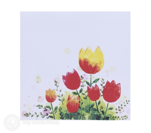 Pop-up bunch of red and yellow tulips in a green cut-out border, with watercolour tulips painted on the pages