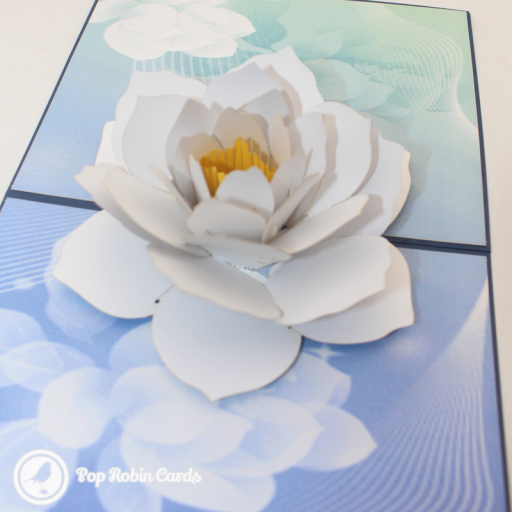 White paper lotus with a yellow centre pops up from a blue and green card printed with faint lotus flowers